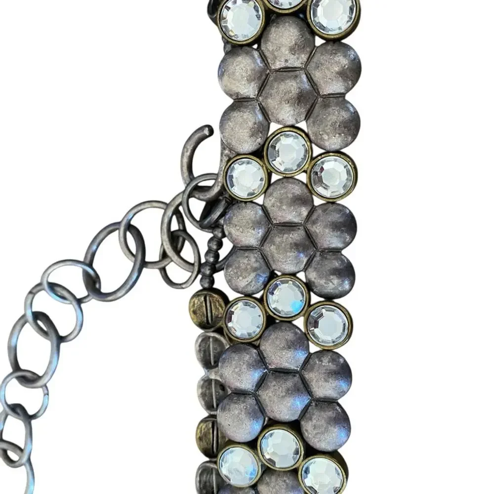 Chico’s Antique Tone Brass Silver Chrystal chain Waist belt One size